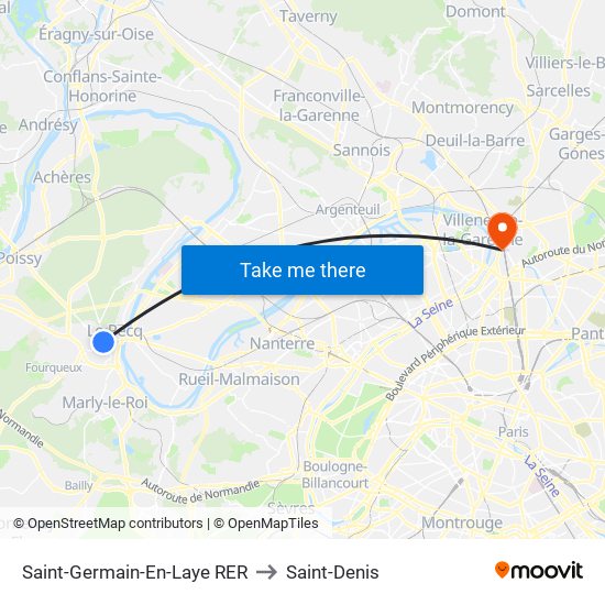 Saint-Germain-En-Laye RER to Saint-Denis map