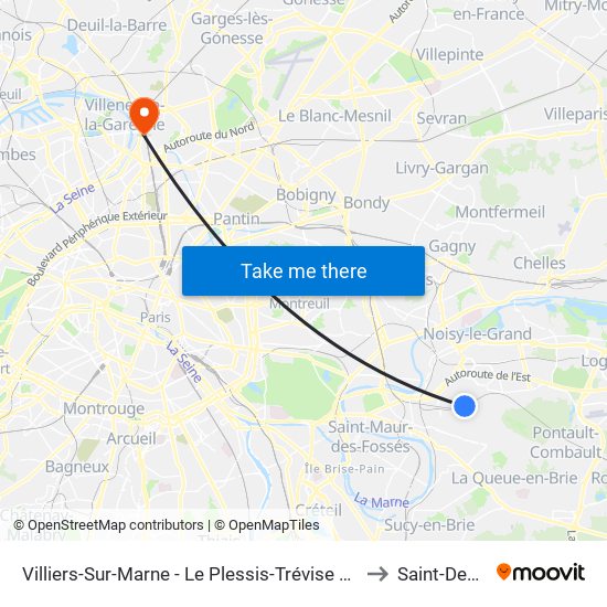Villiers-Sur-Marne - Le Plessis-Trévise RER to Saint-Denis map