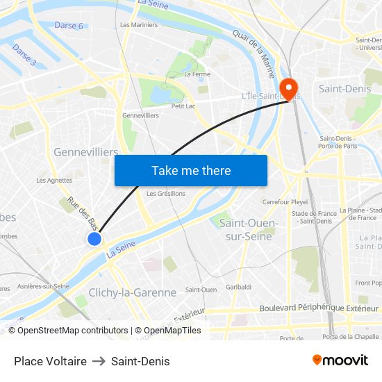 Place Voltaire to Saint-Denis map