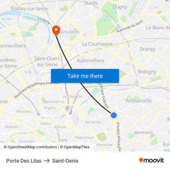 Porte Des Lilas to Saint-Denis map