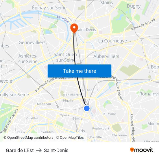 Gare de L'Est to Saint-Denis map