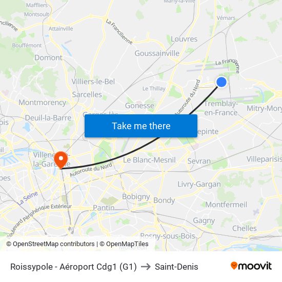 Roissypole - Aéroport Cdg1 (G1) to Saint-Denis map