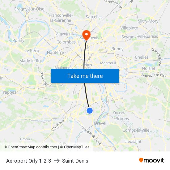 Aéroport Orly 1-2-3 to Saint-Denis map