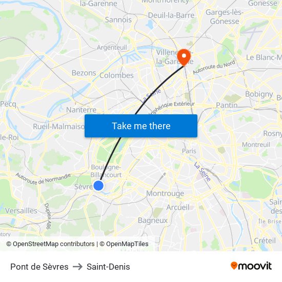 Pont de Sèvres to Saint-Denis map