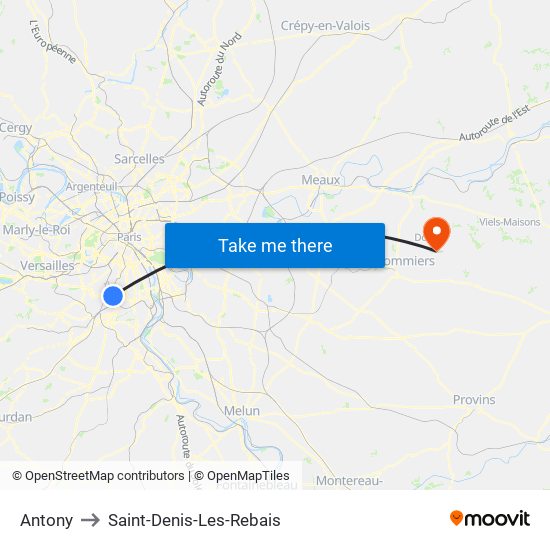 Antony to Saint-Denis-Les-Rebais map