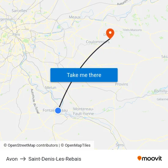 Avon to Saint-Denis-Les-Rebais map