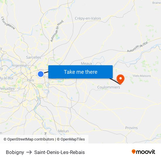 Bobigny to Saint-Denis-Les-Rebais map