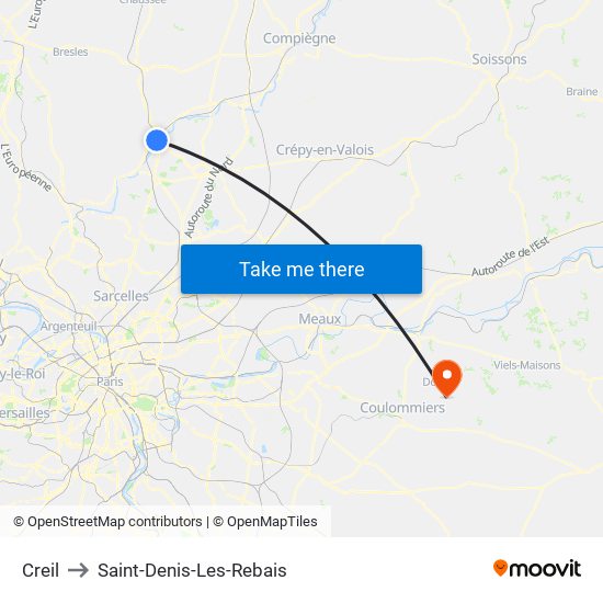 Creil to Saint-Denis-Les-Rebais map