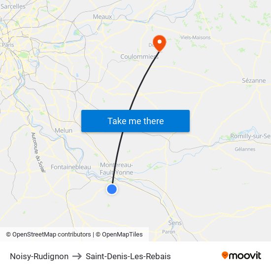 Noisy-Rudignon to Saint-Denis-Les-Rebais map