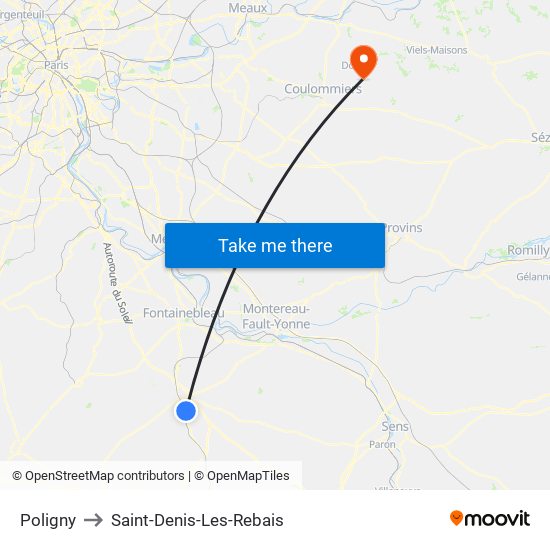 Poligny to Saint-Denis-Les-Rebais map