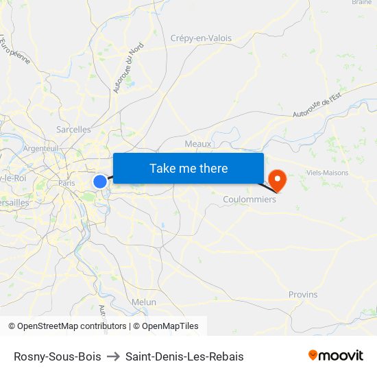 Rosny-Sous-Bois to Saint-Denis-Les-Rebais map
