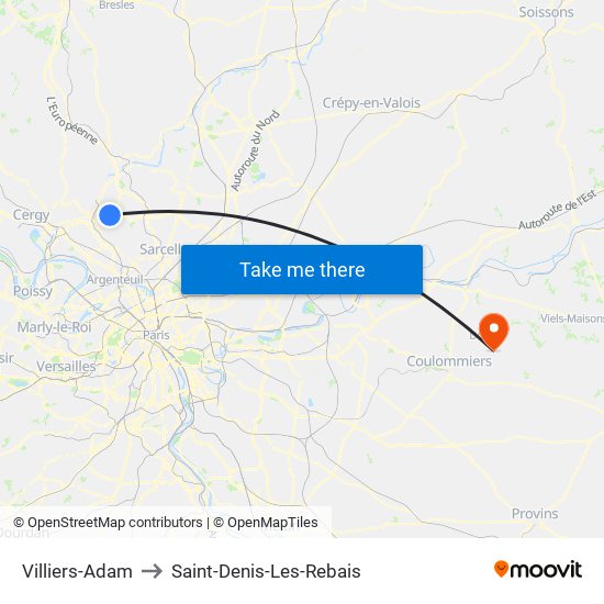 Villiers-Adam to Saint-Denis-Les-Rebais map