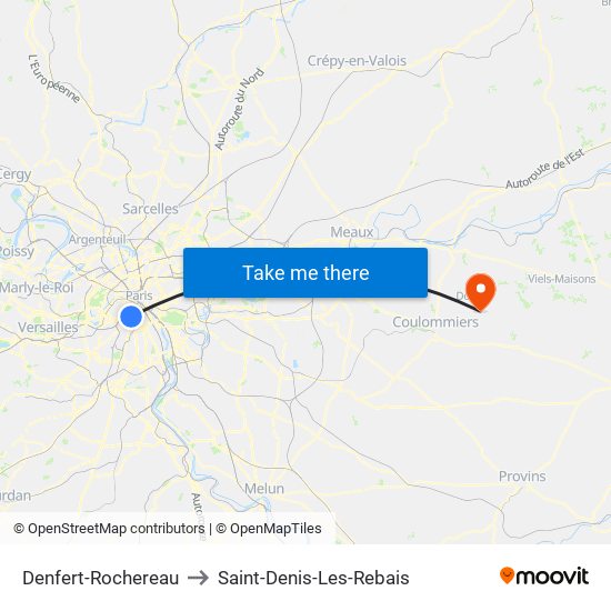 Denfert-Rochereau to Saint-Denis-Les-Rebais map
