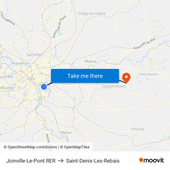 Joinville-Le-Pont RER to Saint-Denis-Les-Rebais map