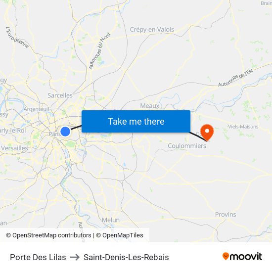 Porte Des Lilas to Saint-Denis-Les-Rebais map