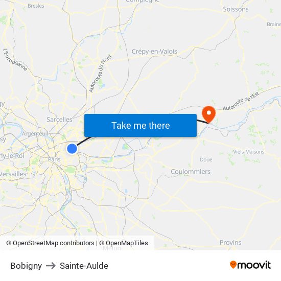 Bobigny to Sainte-Aulde map