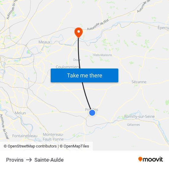 Provins to Sainte-Aulde map