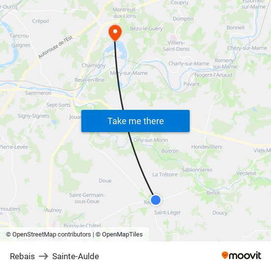 Rebais to Sainte-Aulde map