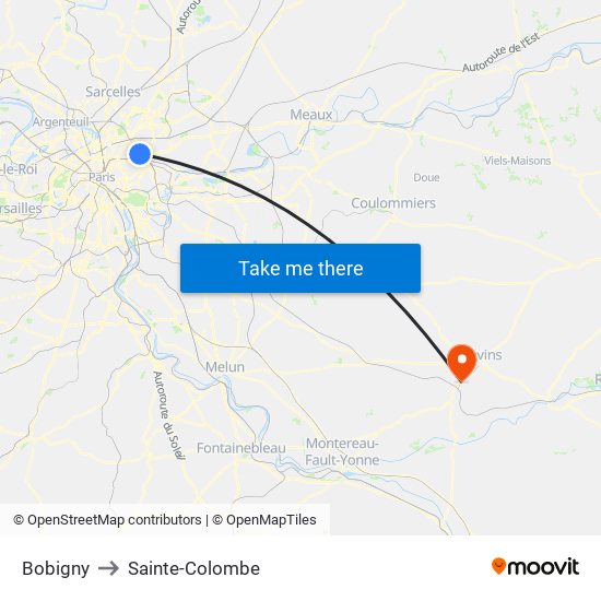 Bobigny to Sainte-Colombe map