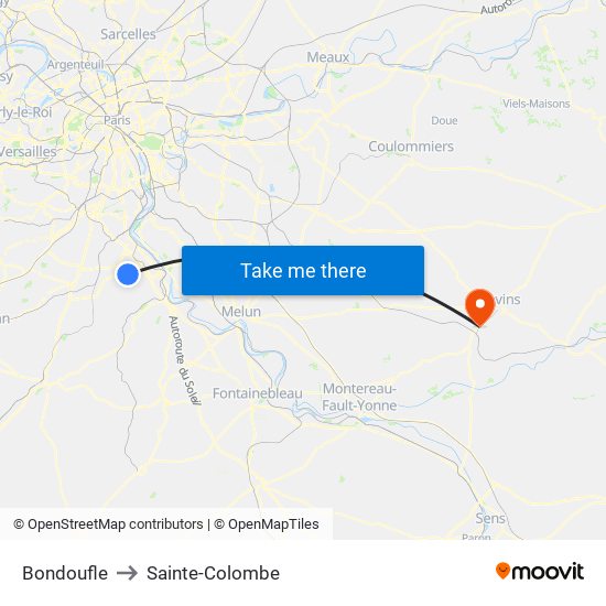 Bondoufle to Sainte-Colombe map