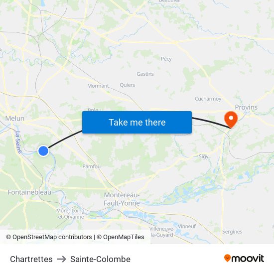 Chartrettes to Sainte-Colombe map