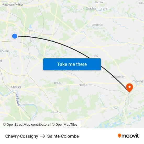 Chevry-Cossigny to Sainte-Colombe map