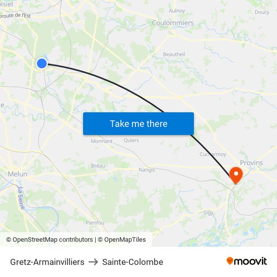 Gretz-Armainvilliers to Sainte-Colombe map