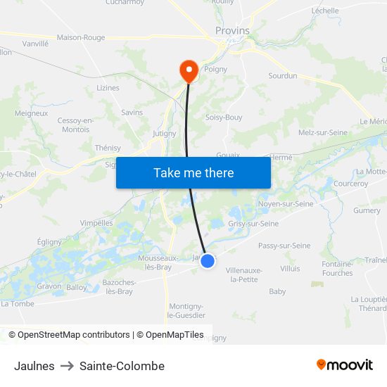 Jaulnes to Sainte-Colombe map