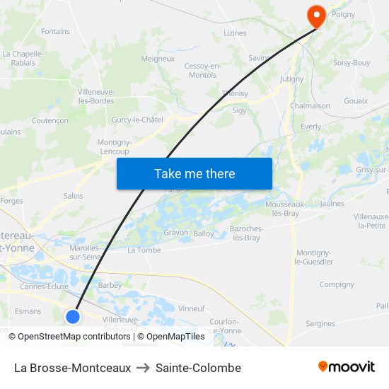 La Brosse-Montceaux to Sainte-Colombe map