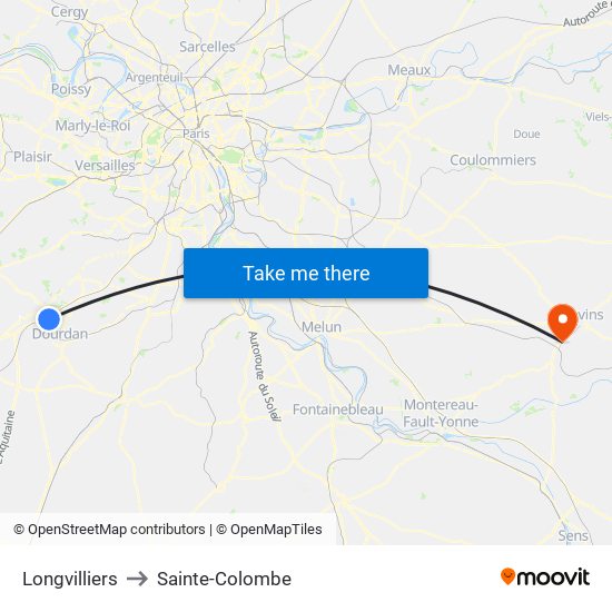 Longvilliers to Sainte-Colombe map