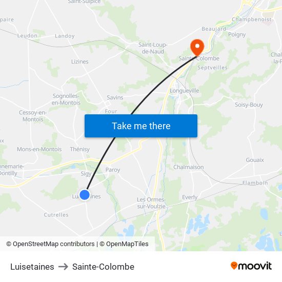 Luisetaines to Sainte-Colombe map