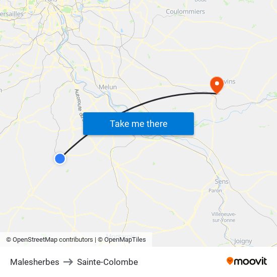 Malesherbes to Sainte-Colombe map