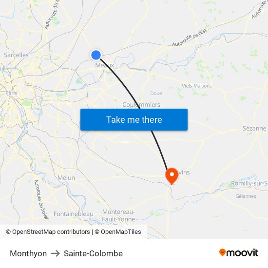 Monthyon to Sainte-Colombe map