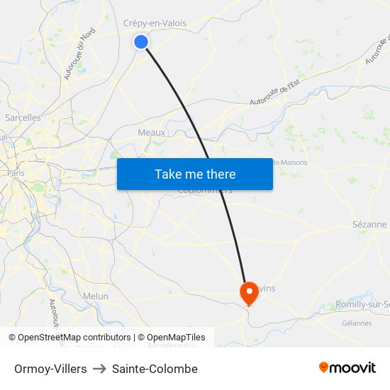 Ormoy-Villers to Sainte-Colombe map