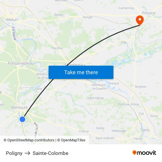 Poligny to Sainte-Colombe map