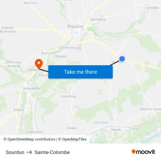 Sourdun to Sainte-Colombe map