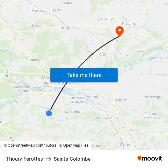 Thoury-Ferottes to Sainte-Colombe map