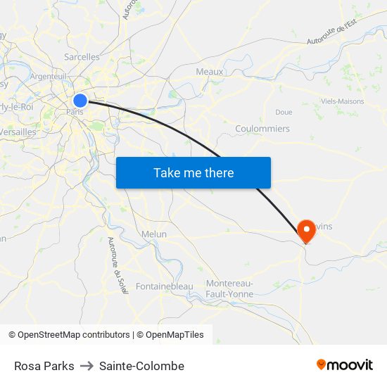 Rosa Parks to Sainte-Colombe map