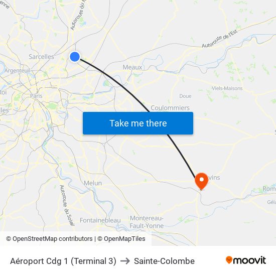 Aéroport Cdg 1 (Terminal 3) to Sainte-Colombe map