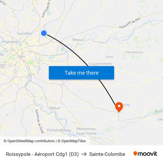 Roissypole - Aéroport Cdg1 (D3) to Sainte-Colombe map