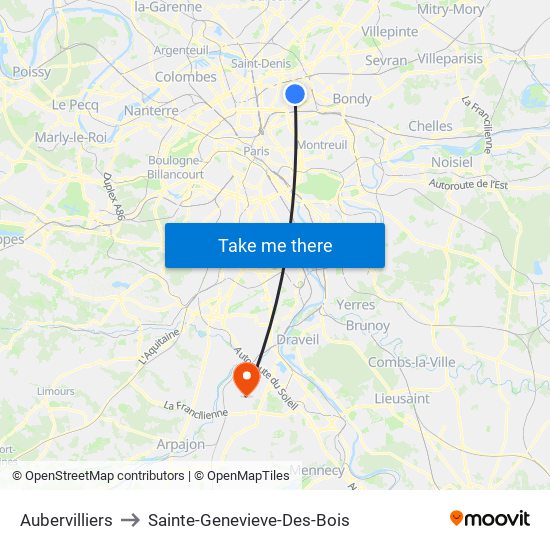 Aubervilliers to Sainte-Genevieve-Des-Bois map