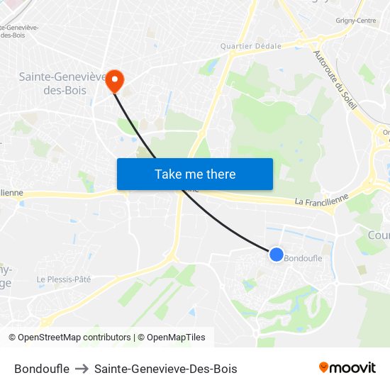 Bondoufle to Sainte-Genevieve-Des-Bois map