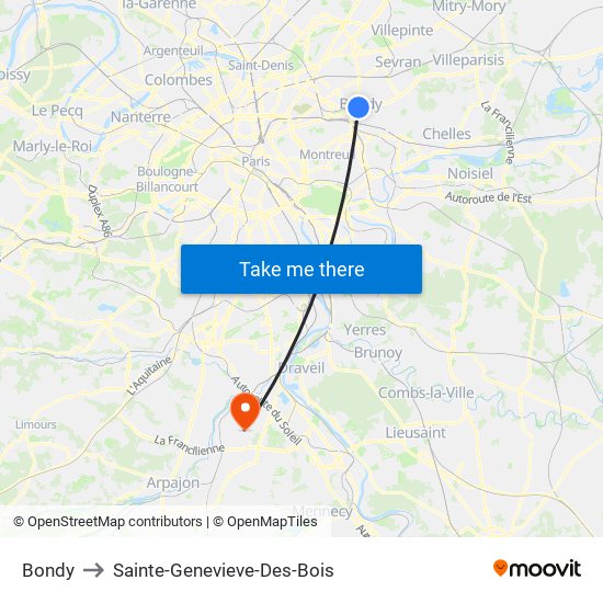 Bondy to Sainte-Genevieve-Des-Bois map