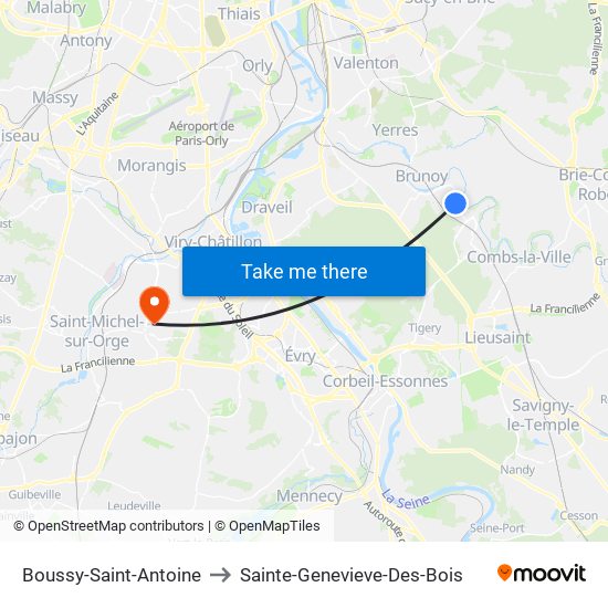 Boussy-Saint-Antoine to Sainte-Genevieve-Des-Bois map