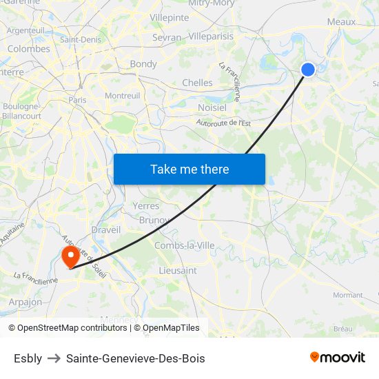 Esbly to Sainte-Genevieve-Des-Bois map