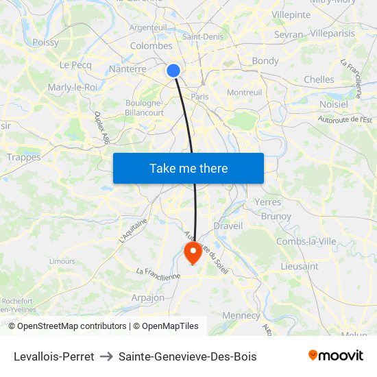 Levallois-Perret to Sainte-Genevieve-Des-Bois map