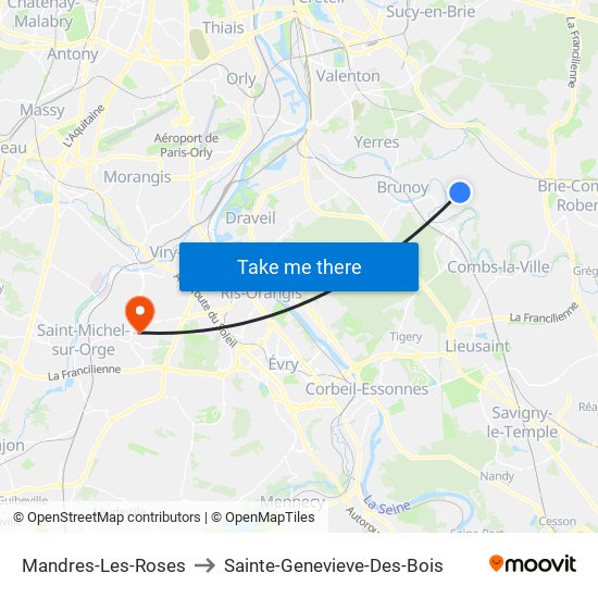 Mandres-Les-Roses to Sainte-Genevieve-Des-Bois map