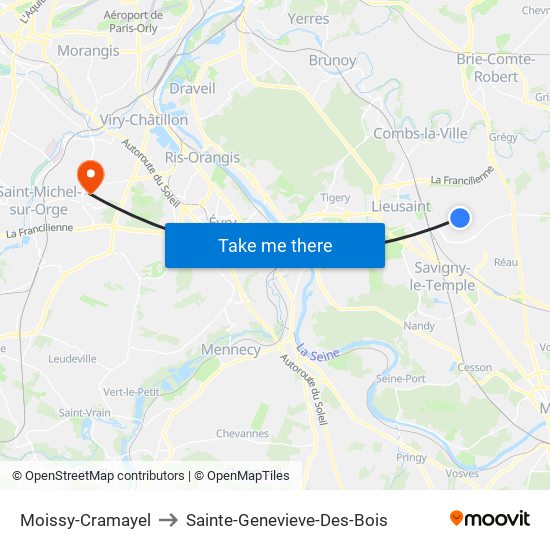 Moissy-Cramayel to Sainte-Genevieve-Des-Bois map