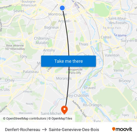 Denfert-Rochereau to Sainte-Genevieve-Des-Bois map