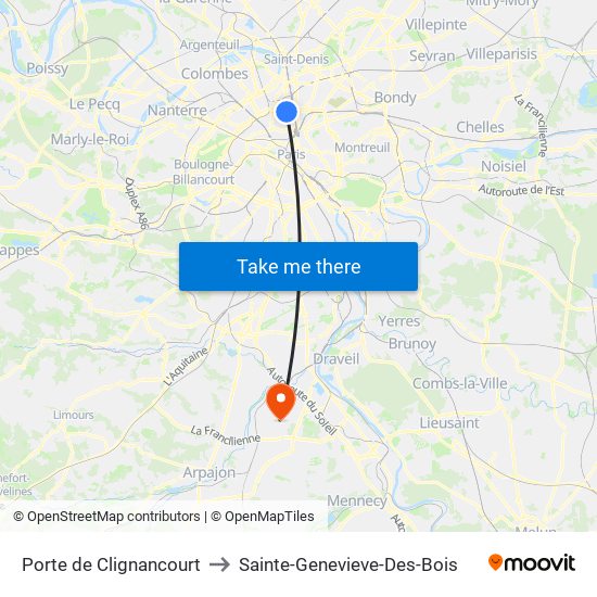 Porte de Clignancourt to Sainte-Genevieve-Des-Bois map